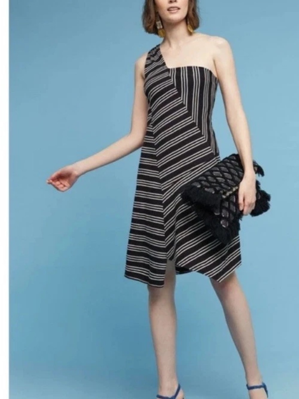 Maeve Anthropologie Moka Black White Stripe Dress Small New One Shoulder Lined